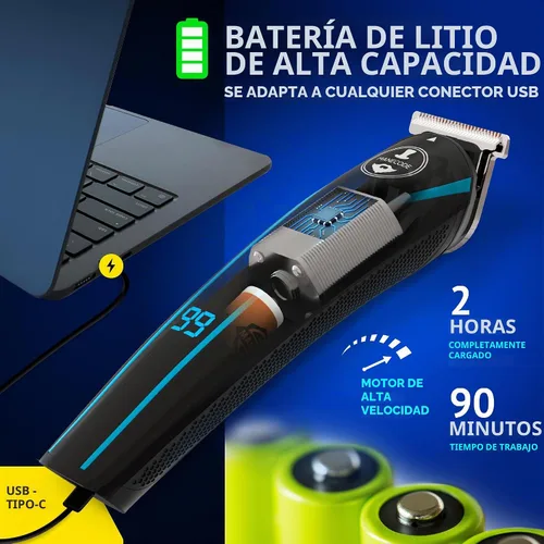Vista 4 de MANECODE® Cortadora de barba y cabello para hombres – Self-Sharp Blades® USB-C, impermeable, pantalla LED, kit de aseo múltiple