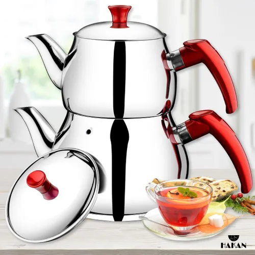 Vista 8 de Hakan Juego de tetera Maxi Double Bondy de acero inoxidable de 3.2 L, 107 onzas, con tapa doble autocolador, juego de tetera estilo samovar turco