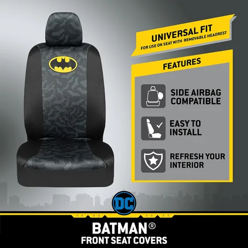Vista 2 de BDK Warner Bros DC Comics Batman - Fundas de asiento delantero y almohadillas para cinturón de seguridad, ajuste universal para camiones, SUV