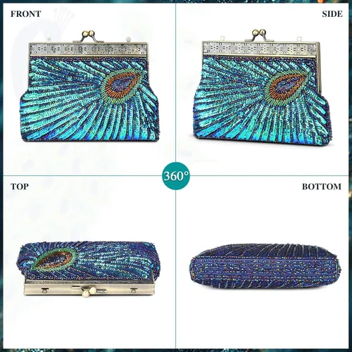 Vista 7 de UBORSE Bolsos de embrague de noche de pavo real con lentejuelas con cuentas Bolso de noche vintage Bolso de boda de fiesta de 1920