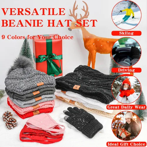 Vista 5 de Winter Hat Scarf Gloves and Ear Warmer, Warm Knit Beanie Hat Touch Screen Gloves Set Winter Gifts Neck Scarves for Women