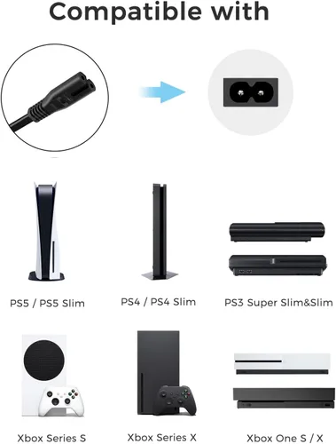 Vista 2 de Cable de alimentación de CA compatible con Xbox Series S/Series X, Xbox One S/X, PS5/PS4/PS3 Slim, reemplazo de cable de alimentación C7 de 2