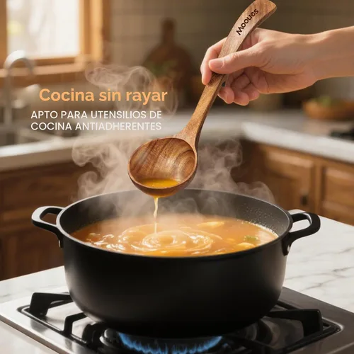 Vista 6 de Cucharón de madera para sopa, cucharón de madera de teca de 3 tamaños con ganchos traseros, cucharas de madera resistentes al calor para cocinar