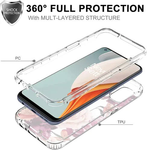 Vista 3 de Funda para OnePlus Nord N100 BE2013 con protector de pantalla de vidrio templado, lindo patrón floral transparente de cuerpo completo protector