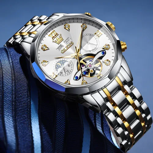 Vista 46 de OLEVS Reloj de pulsera automático con diseño de esqueleto para hombre, de lujo, con diamantes de lujo, de acero inoxidable, calendario, reloj