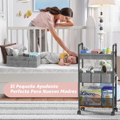 Vista 4 de LIDTOP Carrito de pañales 2 en 1 y carrito de pañales rodante de 3 niveles, carrito organizador de pañales con divisores, carrito móvil de metal