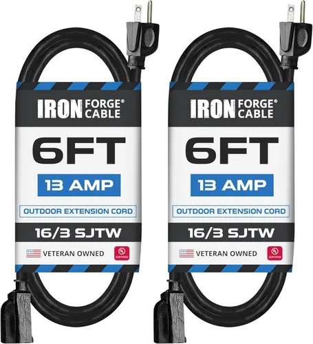 Vista 22 de Iron Forge Cable Paquete de 2 cables de extensión negros de 3 pies, cable de extensión de 16/3, 3 pies, 3 puntas, resistente a la intemperie, ideal