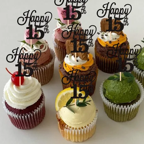 Vista 6 de Paquete de 24 adornos para cupcakes con purpurina número 15, quince cumpleaños, decoración para cumpleaños de 15 años, suministros de fiesta de Negro