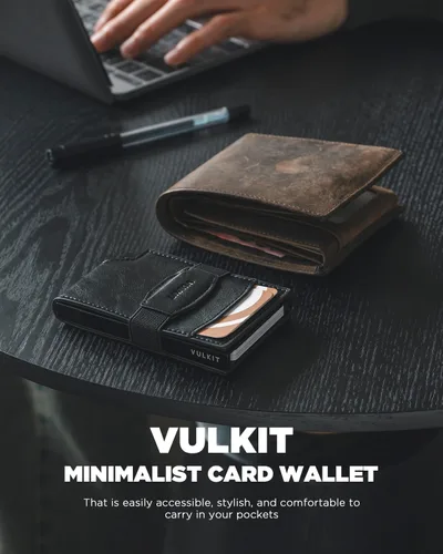 Vista 5 de VULKIT Billetera desplegable para tarjetas con correa de dinero, bolsillo frontal de cuero, con ventana de identificación, bloqueo RFID, funda