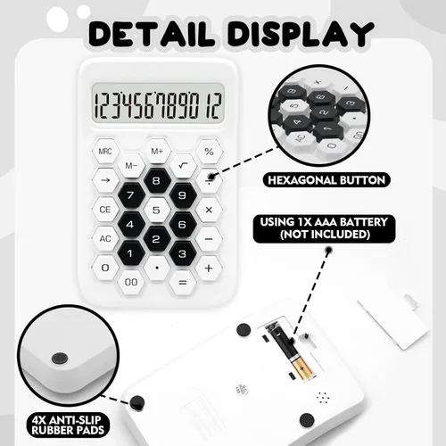 Vista 3 de Calculadora de oficina básica con pantalla LCD grande de 12 dígitos estándar blanca con botón hexagonal, suministros de oficina blancos y accesorios