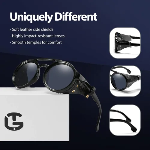 Vista 3 de Technigadgets Finnegan Steampunk - Lentes de sol retro para hombre y mujer, con escudo lateral de cuero, doble puente de plástico, marco de Negro
