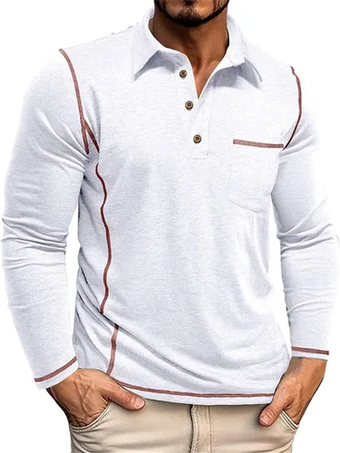 Vista 9 de Polo para hombre, manga larga, cuello clásico, algodón, botón básico, elegante, con bolsillo en el pecho