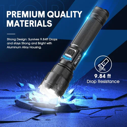 Vista 6 de RECHOO Linternas recargables de alto lúmenes, linternas tácticas de 1000 lúmenes, linterna LED súper brillante con 5 modos y zoom, luz de flash