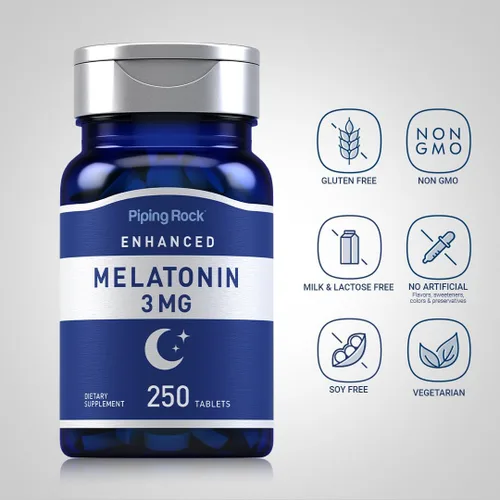 Vista 3 de Piping Rock Melatonina 3 mg 250 tabletas Suplemento de apoyo para adultos para hombres y mujeres Vegetariano, sin OMG, sin gluten