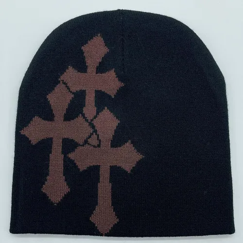 Vista 7 de Y2K Gorro de punto con gráficos cruzados para hombres y mujeres, jacquard, punk, color sólido, sombrero de tendencia para deportes al aire libre