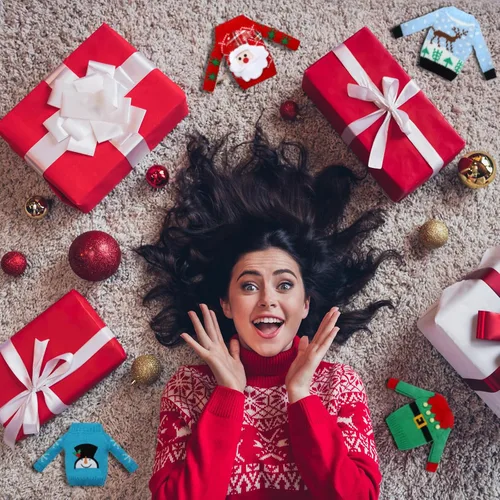 Vista 7 de Aoriher Juego de 9 piezas de accesorios de Navidad, accesorios de ropa, suéter, ropa de punto, alce, árbol de Navidad, copo de nieve, estampado