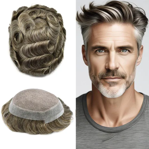 Vista 111 de Toupee para hombres Piezas de pelo fino mono para hombre Toupee sistema de reemplazo de pelo para hombres línea capilar natural para hombre postizo