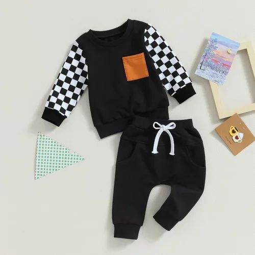 Vista 2 de Gueuusu Conjunto de 2 piezas de ropa de otoño e invierno para bebé, conjunto de sudadera de manga larga con bolsillo y pantalones deportivos a