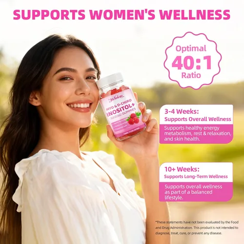 Vista 6 de Gomitas de mio-inositol y D-Chiro inositol, suplemento ideal de proporción 40:1 para mujeres con vitamina D3 y B12 para apoyar el equilibrio