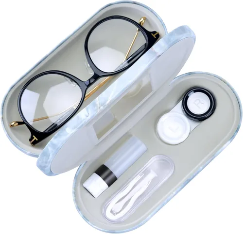Vista 12 de Muf - Estuche portátil 2 en 1 para lentes y lentes de contacto, diseño de doble uso, a prueba de fugas, pinzas y botella con solución incluidas