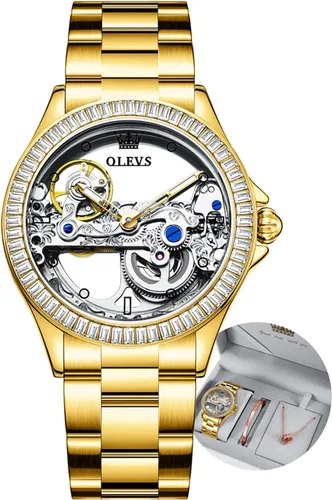 Vista 7 de OLEVS Reloj de mujer con diseño de esqueleto, mecánico automático, plateado, de lujo, impermeable, luminoso, conjunto de regalo