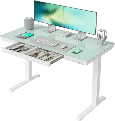 Vista 10 de CubiCubi Escritorio eléctrico de pie con cajones de 48 × 24, escritorio de cristal de altura ajustable de una pieza, escritorio de pie ajustable