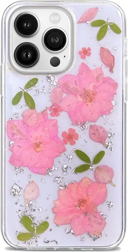 Vista 26 de Abbery Funda diseñada para iPhone 13 Pro con diseño de flores prensadas con purpurina y diseño de goma de silicona suave, diseño de flores reales