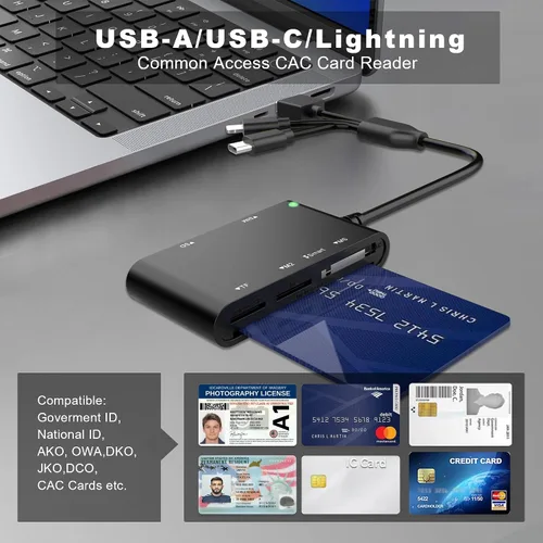 Vista 6 de Lector de tarjetas inteligentes 7 en 1 con conectividad de 3 puertos - Lightning/USB-C/USB-A Lector de tarjetas CAC y PIV, SD/TF/MS Pro
