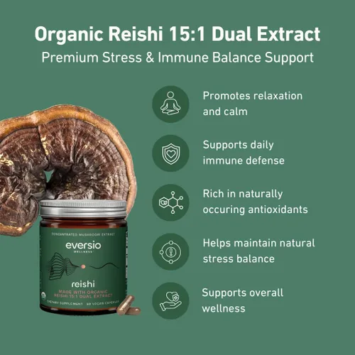 Vista 5 de Cápsulas Reishi orgánicas – Extracto dual 15:1, 45% beta-glucanos – Suplemento de hongos corporales fructíferos para el estrés, el sueño y el apoyo