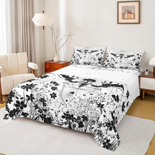 Vista 14 de Erosebridal Juego de sábanas tamaño individual con estampado de luna, diseño de flores de loto, color morado degradado, juego de sábanas orientales