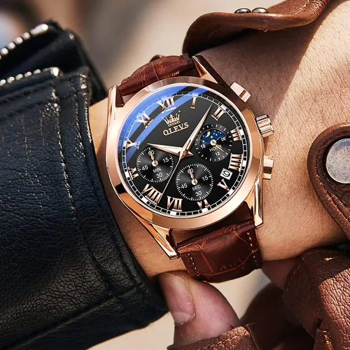 Vista 3 de OLEVS - Reloj de pulsera de cuero para hombre, analógico de cuarzo, cronógrafo de lujo con fecha, impermeable, luminoso - Estilo de vestir