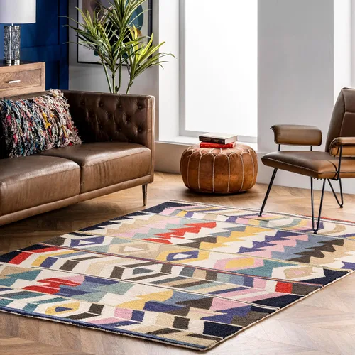 Vista 10 de Nuloom Ofelia - Alfombra hecha a mano, multicolor/negro, 2 pies 6 pulgadas x 6 pies, geométrica, de lana, suave y acogedora, de alto tráfico