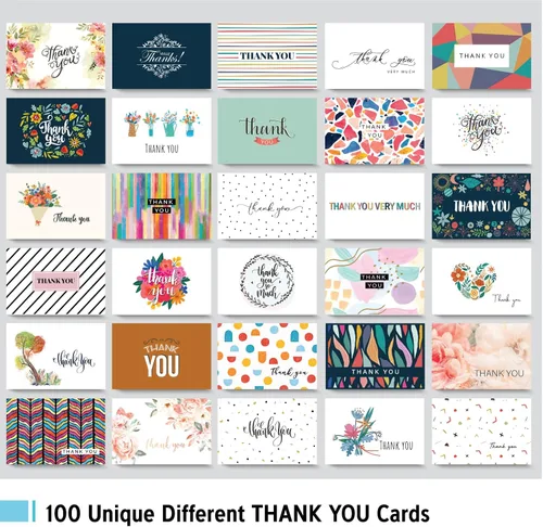 Vista 5 de 100 tarjetas de agradecimiento únicas a granel con sobres, tarjetas de notas en blanco de 4 x 6 con 100 diseños coloridos diferentes, sin