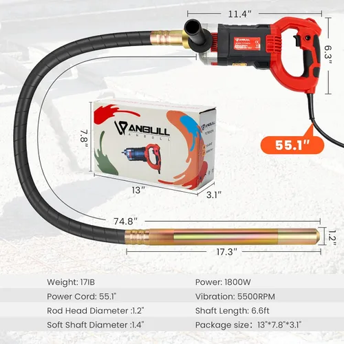 Vista 6 de Anbull 1800W Vibrador de hormigón 110V, Vibrador eléctrico de mano de 2M 5500RPM, agitador de botellas de 35mm, vibrador de cemento portátil