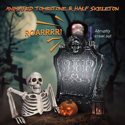 Vista 5 de AW Lápida animada de Halloween de 15 pulgadas y medio esqueleto con bebé gateando de 8 pulgadas