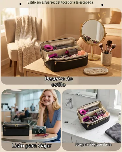 Vista 6 de BAGCRAZY Bolsa de viaje para herramientas para el cabello con alfombrilla resistente al calor, funda organizadora de herramientas para cabello Negro