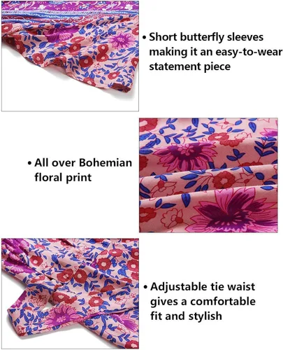 Vista 9 de Zesica - Vestido corto y envolvente para mujer, diseño de verano con cuello en V, estampado floral bohemio, acampanado, con vuelos, para playa