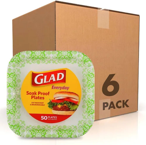 Vista 15 de Glad Platos cuadrados de papel resistentes, a prueba de remojo y resistentes a los cortes, patrón victoriano azul, vajilla desechable