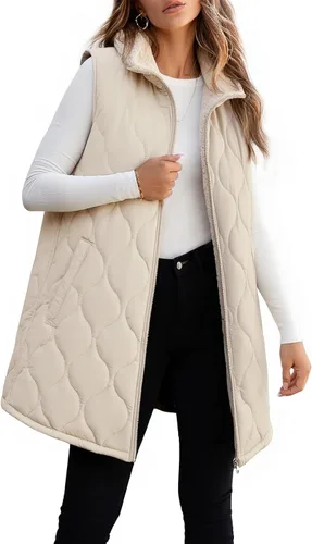 Vista 15 de ECOWISH Chaleco largo acolchado para mujer: chaqueta de forro polar reversible con cremallera para otoño 2025, abrigo de invierno cálido sin mangas