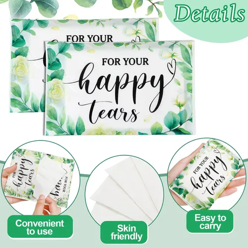 Vista 3 de Lincia Paquete de 100 pañuelos de papel de lágrimas felices para boda, 3 capas, pañuelos de boda para invitados, tamaño de viaje, papel facial a