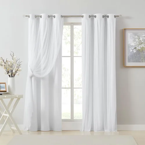 Vista 19 de Bujasso Cortinas 80% Opacas Beige con Superposición de Gasa Mezcla y Combinación Paneles de Ventana con Aislamiento Térmico de Doble Capa de 63