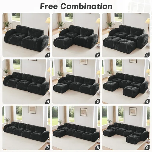 Vista 8 de Sofás modulares modulares de 110.6 pulgadas para sala de estar, sofá moderno de terciopelo sin hueso, no requiere montaje, cómodo sofá sin hueso