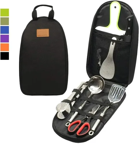 Vista 2 de Juego de utensilios de cocina Gold Armour, organizador de viaje, portátil, para barbacoa, camping, utensilios de cocina, utensilios de acero