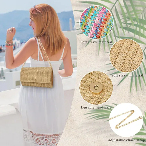 Vista 3 de Kseymeir Bolso de mano de paja para el hombro, bolso cruzado tipo sobre, bolso de rafia para verano, playa, viajes, moda 2026 Straw, Summer