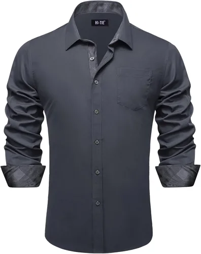 Vista 35 de Hi-Tie Camisa de manga larga jacquard con contraste interior sin arrugas para hombre