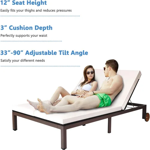 Vista 3 de DORTALA Silla reclinable de ratán para 2 personas con ruedas y cojín, sillón de mimbre doble con respaldo ajustable, juego de conversación de Blanco