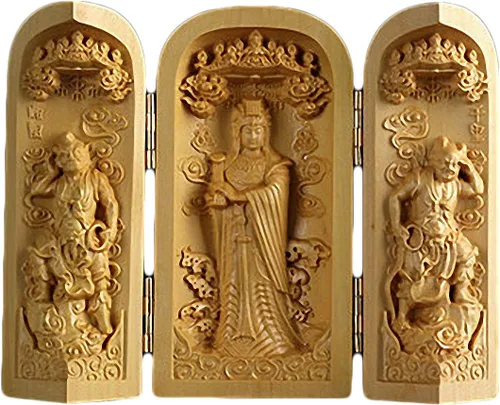 Vista 5 de Caja de oración de budismo tibetano tallado en madera de boj natural (1000 brazos Avalokiteshvara Diosa)
