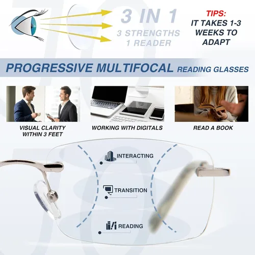 Vista 3 de JO Gafas de lectura multifocales progresivas sin montura para hombres y mujeres, lentes progresivos con bloqueo de luz azul