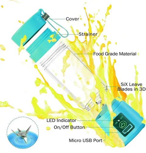 Vista 2 de Hweryho Licuadora portátil, recargable por USB, 6 cuchillas de acero inoxidable, mini licuadora para cocina, viajes y deportes