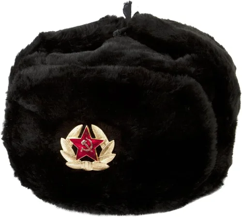 Vista 2 de Sombrero de invierno blanco con orejeras Ushanka ruso. con insignia de soldado soviético, Negro